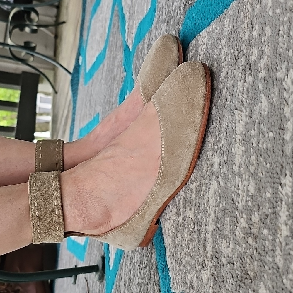 Tan Ankle Strap Flats with Rounded Toe